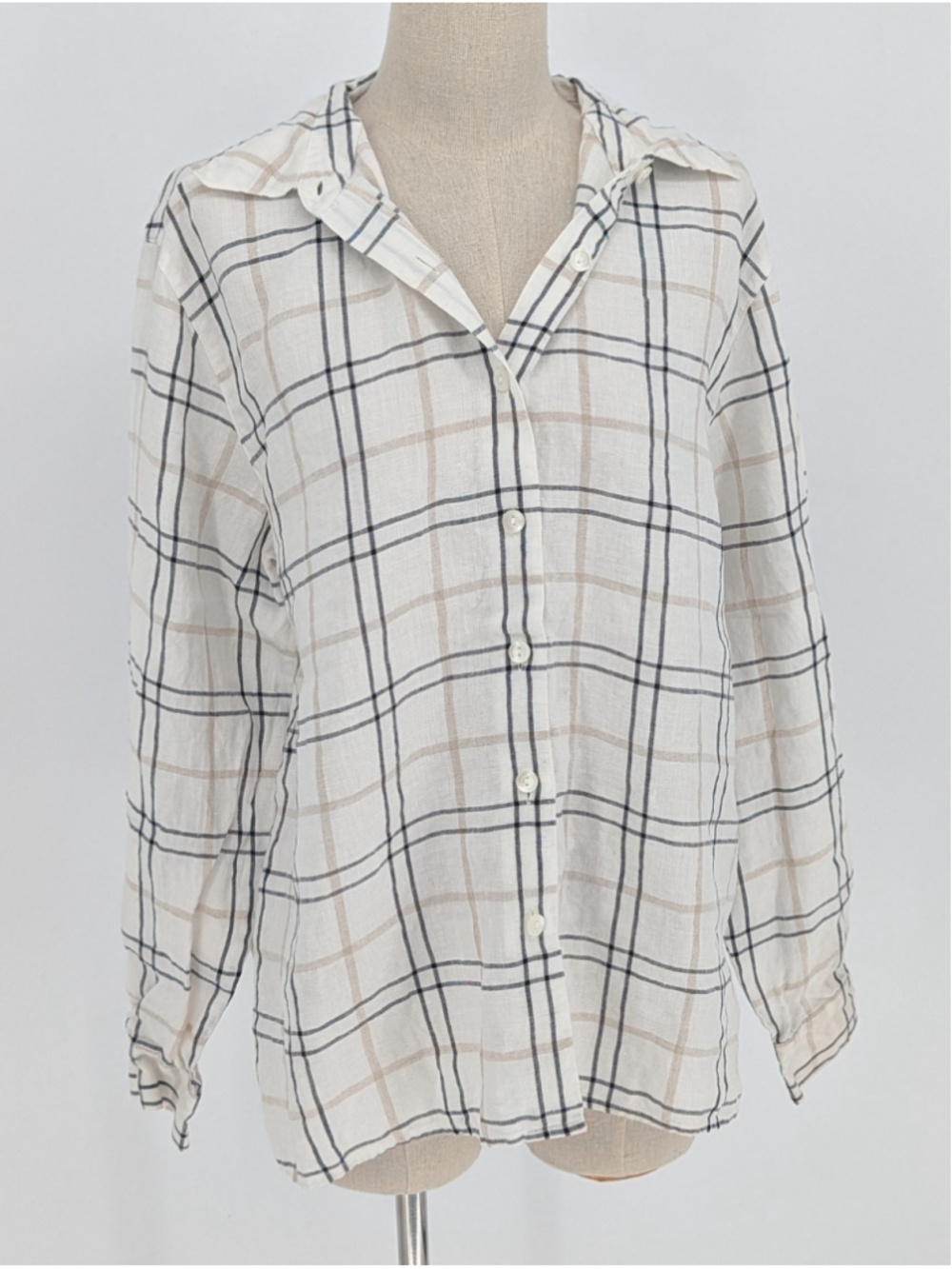 Talbots Irish Linen Windowpane Plaid Button Down Shirt Women 14 Ivory Black Tan